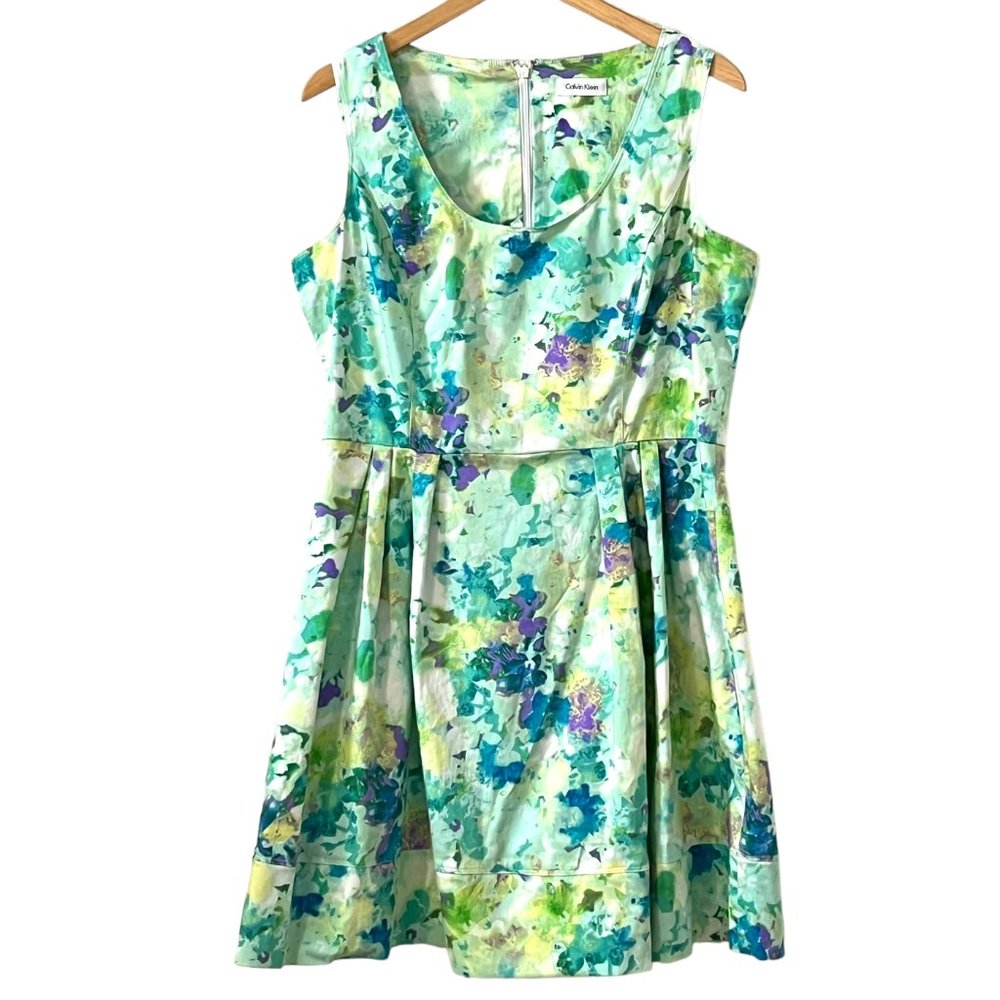 Calvin Klein Women's Dress Sleeveless Size 12 Zipper Green Geometric Pleat Skirt - Picture 3 of 9